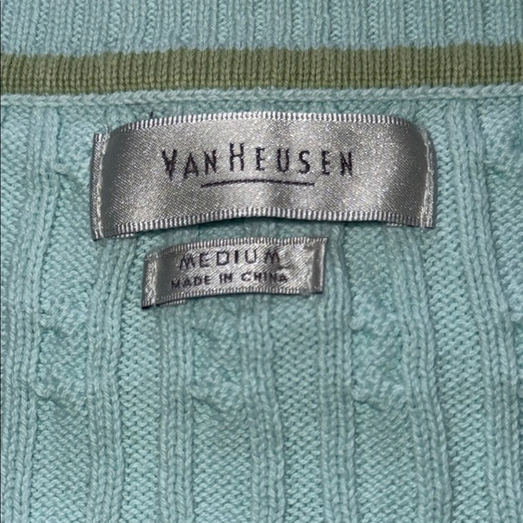 Van Heusen Light Blue Classic Cable Knit Sweater Cotton Ribbed V-Neck Cuffs Hem - Picture 6 of 13
